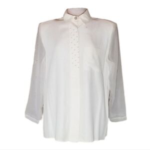 Marnie West Blouse Faux Pearl Sheer Sleeve Button Down White Size L
